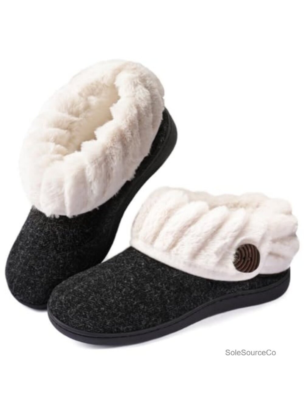 Women's Wool Felt Slippers with Faux Fur Lining Memory Foam Non-Slip